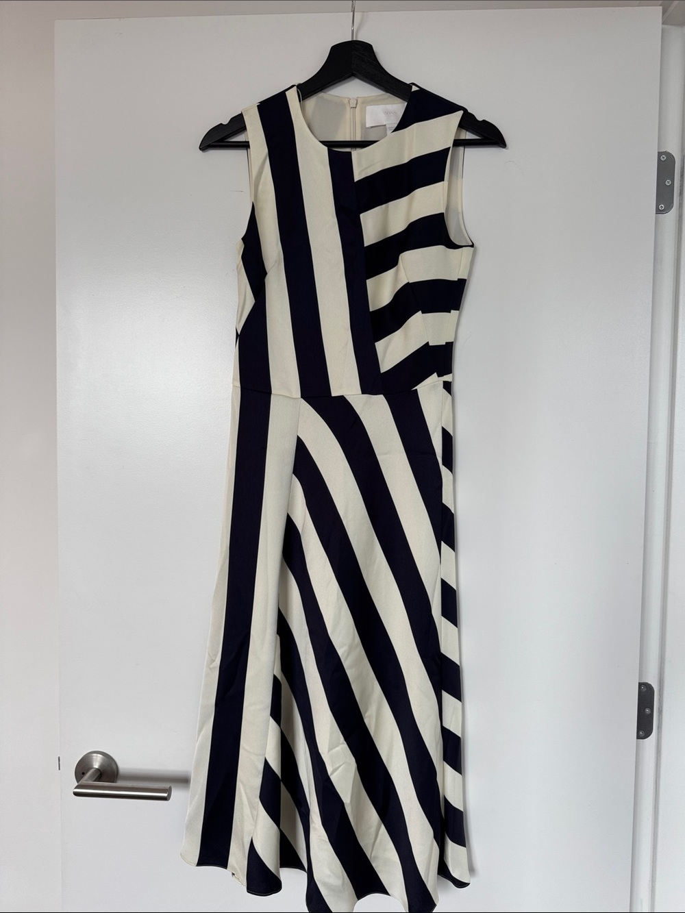 Sleeveless Satin Navy and Cream Striped Hugo Boss Midi Dress